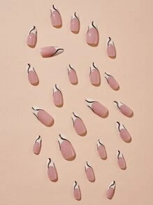 Get Glamorous with 24pcs Long Almond White French Striped Pattern Fake Nail & 1pc Nail File & 1sheet Tape - Multicolor - View 2