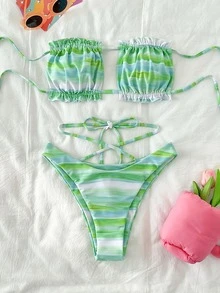 Bộ bikini đi biển mùa hè Tie Dye Frill Trim Bandeau - Nhiều màu - Xem 3
