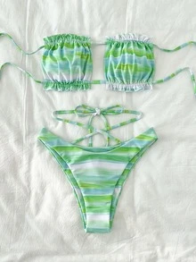 Bộ bikini đi biển mùa hè Tie Dye Frill Trim Bandeau - Nhiều màu - Xem 7