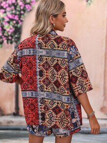 SHEIN VCAY Scarf Print Kimono & Shorts - Multicolor - View 2