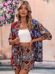 SHEIN VCAY Scarf Print Kimono & Shorts - Multicolor - View 5