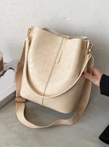 Crocodile Embossed Bucket Bag - Beige - View 1