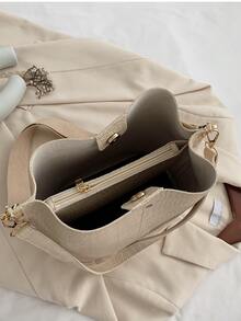 Crocodile Embossed Bucket Bag - Beige - View 4