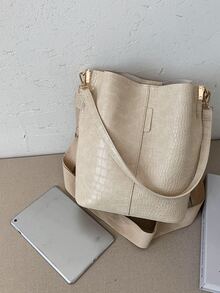 Crocodile Embossed Bucket Bag - Beige - View 5