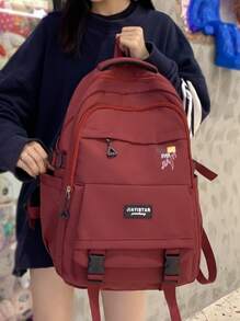 字母圖案釋放扣裝飾功能背包書包適合畢業生、青少年女孩、新生、大二、初中和高中學生、大學和高中，非常適合戶外、旅行和返校 - 酒紅色 - 查看 5