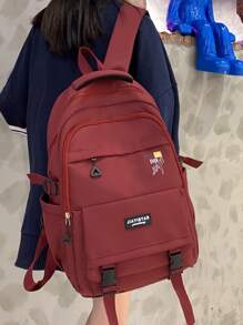 字母圖案釋放扣裝飾功能背包書包適合畢業生、青少年女孩、新生、大二、初中和高中學生、大學和高中，非常適合戶外、旅行和返校 - 酒紅色 - 查看 6