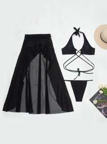 Solid Bikini Set Lace Up Back Wireless & Thong & Mesh High Low Cover Up Skirt 3 Piece Swimwear - Black - View 6