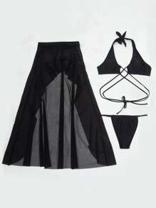Solid Bikini Set Lace Up Back Wireless & Thong & Mesh High Low Cover Up Skirt 3 Piece Swimwear - Black - View 5