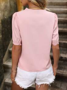 SHEIN Clasi 蕾絲拼接泡泡袖襯衫 - 粉色 - 查看 2