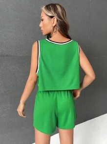 SHEIN EZwear Letter Graphic Contrast Trim Crop Tank Top & Track Shorts - Green - View 3