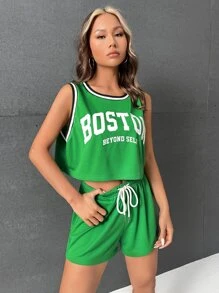 SHEIN EZwear Letter Graphic Contrast Trim Crop Tank Top & Track Shorts - Green - View 5