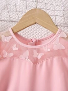 SHEIN 年輕女孩粉色純色甜美風格城市街道連身褲,小圓領和公主袖子,夏季必備 - 粉色 - 查看 3