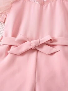 SHEIN 年輕女孩粉色純色甜美風格城市街道連身褲,小圓領和公主袖子,夏季必備 - 粉色 - 查看 4