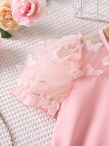 SHEIN 年輕女孩粉色純色甜美風格城市街道連身褲,小圓領和公主袖子,夏季必備 - 粉色 - 查看 6