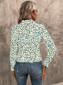 SHEIN LUNE Allover Print Cut Out Shirt - White - View 2