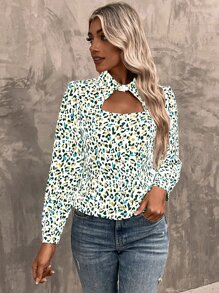 SHEIN LUNE Allover Print Cut Out Shirt - White - View 3