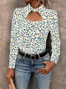 SHEIN LUNE Allover Print Cut Out Shirt - White - View 5