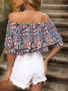 SHEIN VCAY Allover Print Off Shoulder Crop Blouse - Multicolor - View 3