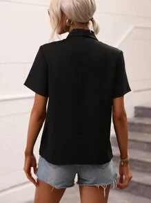 SHEIN LUNE Solid Pearls Beaded Blouse - Black - View 2