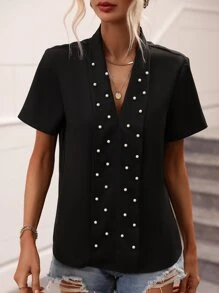 SHEIN LUNE Solid Pearls Beaded Blouse - Black - View 4