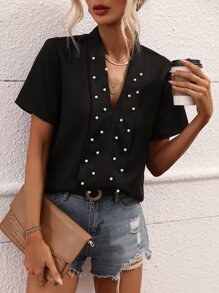 SHEIN LUNE Solid Pearls Beaded Blouse - Black - View 5