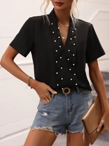 SHEIN LUNE Solid Pearls Beaded Blouse - Black - View 6