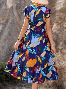 SHEIN VCAY Vestido con estampado tropical de manga mariposa bajo con fruncido - Azul Marino - Ver 4