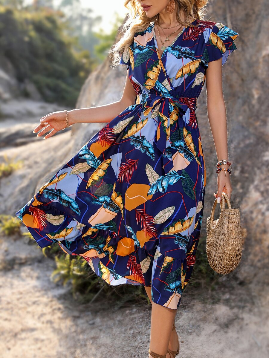 SHEIN VCAY Vestido con estampado tropical de manga mariposa bajo con fruncido - Azul Marino - Ver 1
