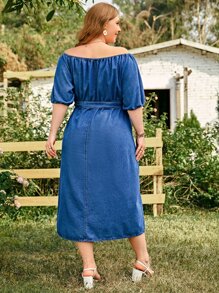 SHEIN LUNE Plus Button Front Belted Denim Dress - Medium Wash - View 3