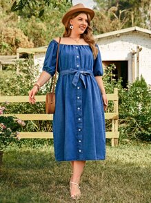 SHEIN LUNE Plus Button Front Belted Denim Dress - Medium Wash - View 1