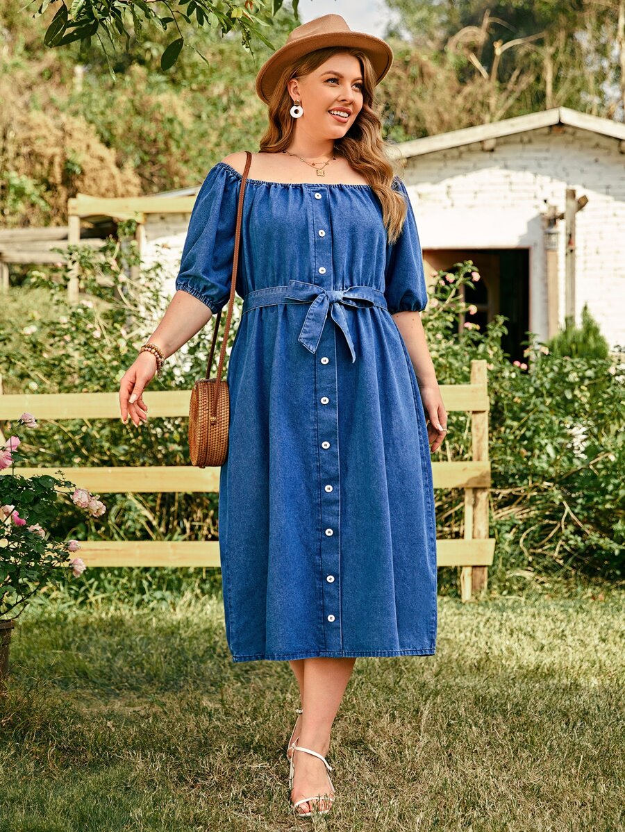 SHEIN LUNE Plus Button Front Belted Denim Dress - Medium Wash - View 1