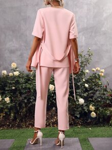 SHEIN Privé Bộ đồ hai mảnh nữ Thắt lưng màu trơn Thanh lịch - Hồng - Xem 2