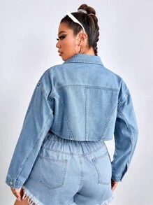 Plus Drop Shoulder Raw Cut Crop Denim Jacket - Light Wash - View 2