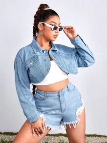 Plus Drop Shoulder Raw Cut Crop Denim Jacket - Light Wash - View 3
