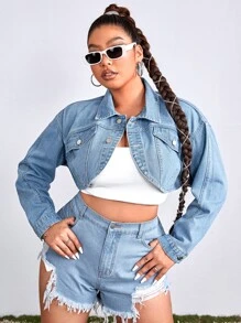Plus Drop Shoulder Raw Cut Crop Denim Jacket - Light Wash - View 4