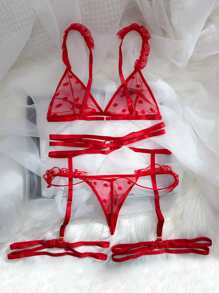 4pcs Dobby Mesh Garter Lingerie Set - Red - View 2