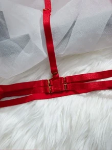 4pcs Dobby Mesh Garter Lingerie Set - Red - View 4