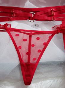 4pcs Dobby Mesh Garter Lingerie Set - Red - View 6