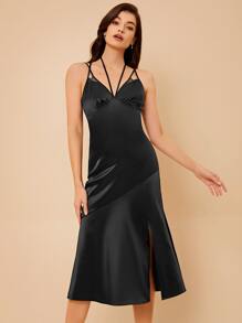 SHEIN BAE Tie Back Halter Dress - Black - View 3