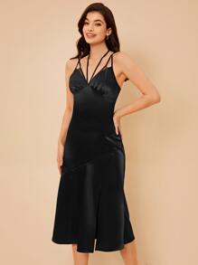 SHEIN BAE Tie Back Halter Dress - Black - View 5