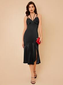 SHEIN BAE Tie Back Halter Dress - Black - View 6