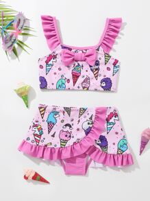 Young Girl Cartoon Graphic Ruffle Trim Bikini Set Summer Beach - Pink - View 1