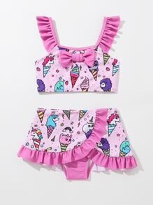 Young Girl Cartoon Graphic Ruffle Trim Bikini Set Summer Beach - Pink - View 3