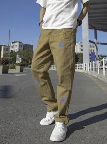 Manfinity Men Letter Embroidery Straight Leg Jeans - Khaki - View 1