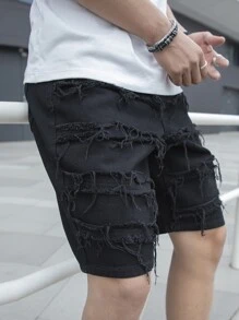 Manfinity EMRG Hombres Shorts en mezclilla algodón desgarro crudo con bolsillo oblicuo - Negro - Ver 3