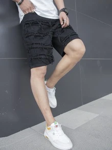 Manfinity EMRG Hombres Shorts en mezclilla algodón desgarro crudo con bolsillo oblicuo - Negro - Ver 4