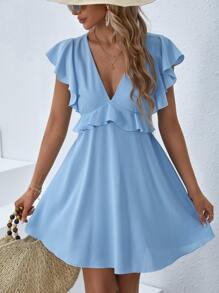 SHEIN VCAY 荷葉邊深V領連衣裙 - 淺藍色 - 查看 4