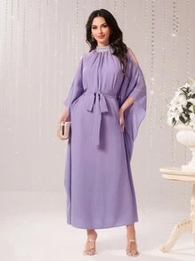 Al Najma Mock Neck Cloak Sleeve Belted Dress Kaftan Jalabiya Dress - Lilac Purple - View 1