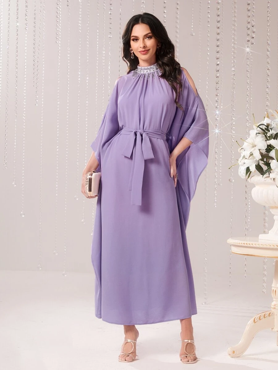 Al Najma Mock Neck Cloak Sleeve Belted Dress Kaftan Jalabiya Dress - Lilac Purple - View 1