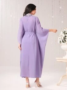 Al Najma Mock Neck Cloak Sleeve Belted Dress Kaftan Jalabiya Dress - Lilac Purple - View 2